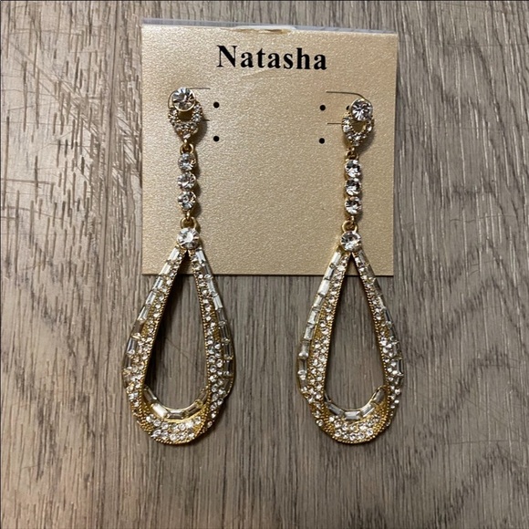 Natasha Jewelry - NATASHA Gold Tone Baguette Crystal Teardrop Chandelier Earrings